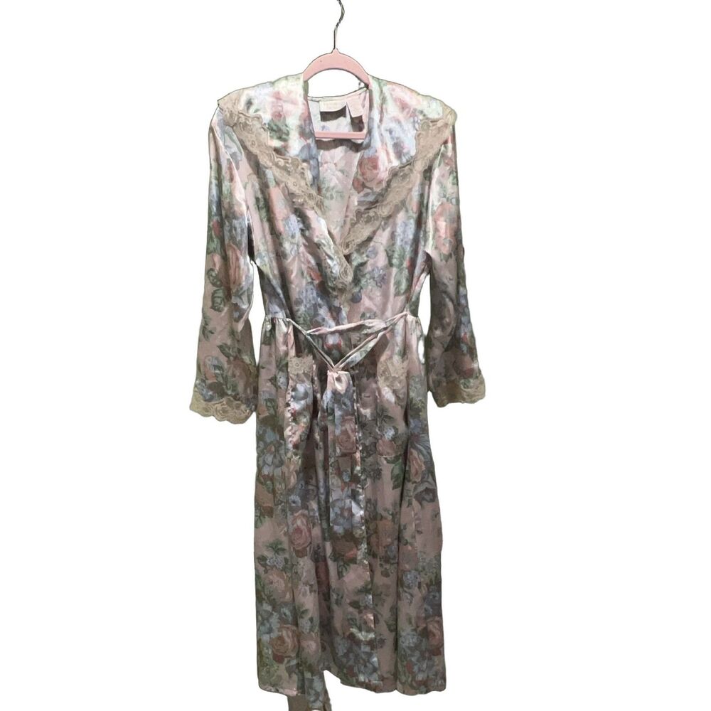 Victoria’s Secret Pink Floral Satin Lace Trim Robe Belted Tie Long Sleeve S Vtg